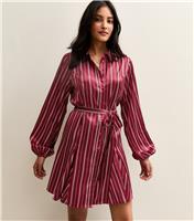 Women's Burgundy Striped Satin Mini Shirt Dress New Look