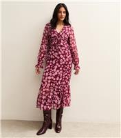 Women's Pink Crinkled Chiffon Floral Print Midi Dress New Look