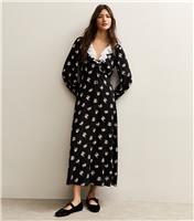 Women's Black Floral Frill Collar Midi Dress New Look
