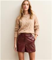 Women's Dark Burgundy Cracked Texture Faux Leather Shorts New Look