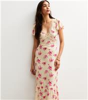 Women's Off White Floral Print Lace Trim Midi Dress New Look