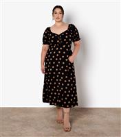 Women's Curve Black Polka Dot Tie Neck Midi Dress Apricot New Look