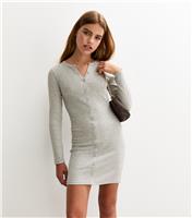 Girls' Light Grey Ribbed Button Front Long Sleeve Dress New Look