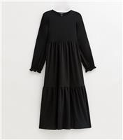 Women's Black Smocked Tiered Long Sleeve Midi Dress New Look