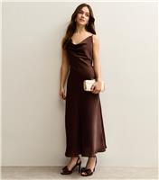 Women's Petite Dark Brown Satin Cowl Neck Midi Dress New Look