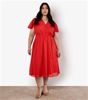 Women's Curve Red Chevron Jacquard Wrap Midi Dress Apricot New Look