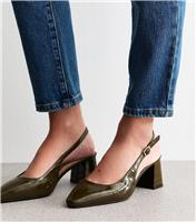 Women's Dark Green Faux Leather Slingback Pointed Toe Pumps Vegan New Look