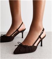 Women's Wide Fit Dark Brown Faux Suede Bow Front Slingback Stiletto Heels Vegan New Look