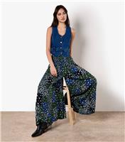 Women's Navy Floral Print Wide Leg Trousers Apricot New Look