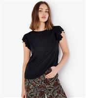 Women's Black Textured Ruffle Sleeve Top Apricot New Look