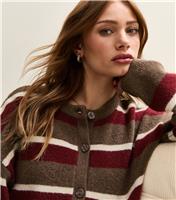 Women's Brown Striped Crew Neck Cardigan New Look