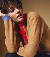 Women's Camel Red and Blue Trim Colour Block Cardigan New Look