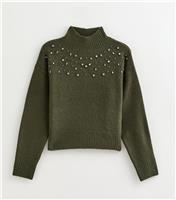 Women's Dark Khaki Diamante High Neck Jumper New Look