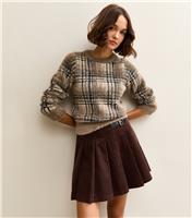 Women's Brown Fluffy Check Crew Neck Jumper New Look