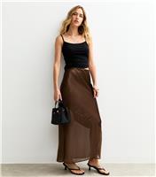 Women's Brown Asymmetric Panelled Satin And Chiffon Midi Skirt New Look
