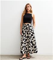 Women's Black Floral Print Poplin Cotton Midi Skirt New Look