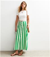 Women's Green Stripe Print Poplin Button Front Midi Skirt New Look