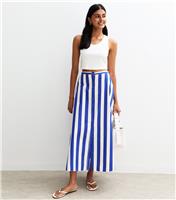 Women's Blue Stripe Print Poplin Button Front Midi Skirt New Look