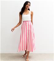 Women's Pink Stripe Print Poplin Button Front Midi Skirt New Look