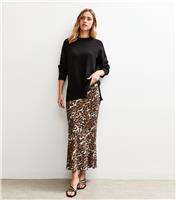 Women's Brown Animal Print Satin Bias Cut Midi Skirt New Look