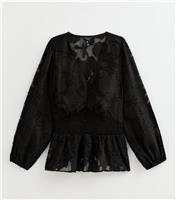 Women's Plus Size Black Floral Jacquard Long Sleeve Blouse Curves New Look