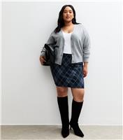 Women's Plus Size Blue Checked Jacquard Tube Skirt Curves New Look