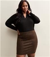Women's Plus Size Brown Animal Jacquard Tube Skirt Curves New Look