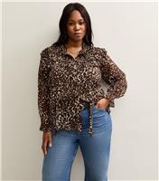 Women's Plus Size Brown Animal Print Ruffle Trim Tie Neck Blouse Curves New Look