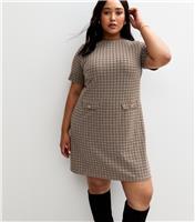 Women's Brown Houndstooth Check Pattern Faux Pocket Mini Shift Dress New Look