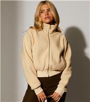 Women's Cream Fleece Back Faux Shearling Zip Front Crop Jacket South Beach New Look