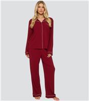 Women's Dark Red Contrast Piping Shirt and Trousers Pyjama Set Loungeable New Look