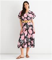 Women's Black Floral Print Wrap Style Midi Dress Gini London New Look