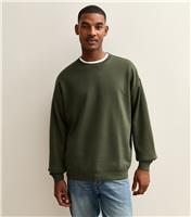 Men's Dark Khaki Oversized Crew Neck Sweatshirt New Look