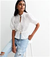 Women's Cream Crinkled Tie Neck Top New Look