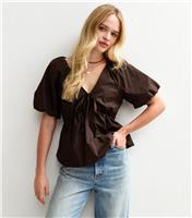 Women's Dark Brown Poplin V-Neck Tea Top New Look