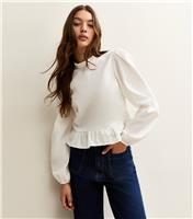 Women's Off White Cotton Ruffled Collar Long Sleeve Top New Look