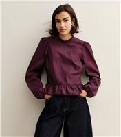 Women's Burgundy Cotton Ruffled Collar Long Sleeve Top New Look