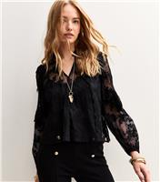 Women's Black Floral Lace High Neck Semi-Sheer Blouse New Look