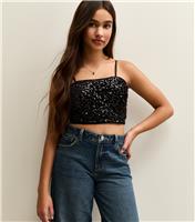 Girls' Black Sequin Embellished Cami Top New Look