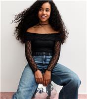 Girls' Black Lace Long Sleeve Bardot Top New Look