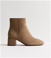 Women's Wide Fit Camel Faux Suede Block Heel Ankle Boots Vegan New Look