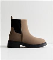 Women's Wide Fit Light Brown Faux Suede Chunky Sole Chelsea Ankle Boots Vegan New Look