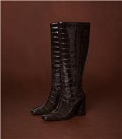 Women's Brown Crocodile Effect Faux Leather Boots Vegan New Look