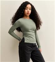 Girls' Dark Khaki Long Sleeve Ruched Side Slit Top New Look