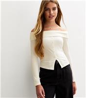Girls' Off White Long Sleeve Faux Button Bardot Top New Look