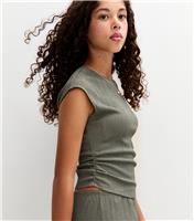 Girls' Khaki Textured Jersey Ruched Side Asymmetric Top New Look