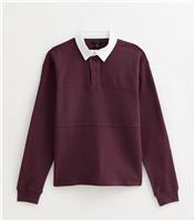 Men's Burgundy Relaxed Fit Long Sleeve Rugby Polo Shirt New Look