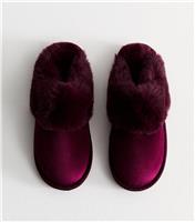 Women's Dark Burgundy Velvet Faux Fur Trim Slippers Vegan New Look