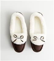 Women's Brown Bow Detail Faux Fur Lined Moccasin Slippers New Look