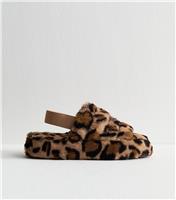 Women's Brown Faux Fur Animal Print Slingback Slippers Vegan New Look